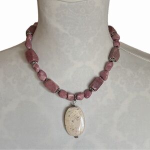 Pink Stone Beaded Necklace with Cream Jasper-Style Pendant – Statement Jewelry